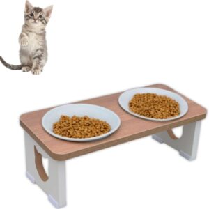Comedouro Elevado Duplo Gato Porcelana PET MDF 15mm - Inclinado Sapatas antiderrapantes e Acabamento em PVC - Evita Inchaço. Conforto e Saúde para Cães e Gatos