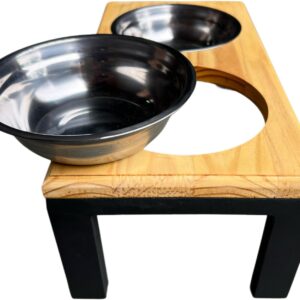 Comedouro Elevado Madeira Dois Potes Inox para Cachorro e Gato - M