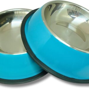 Kit 2 Comedouro Colorido 600ml Inox Tigela Pote Ração Água Cão Médio (Azul)