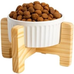 Kit 1/2 Comedouro Pet Elevado Madeira Potes Porcelana Estilo Saúde Cachorro Gato Ração - 16 * 12cm, Estilo Saúde para Cães e Gatos(Kit 1 Comedouro)