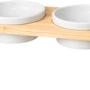 Comedouro Pet Elevado em Madeira Pinus com 2 Tigelas de Porcelana 210ml para Cachorro e Gato