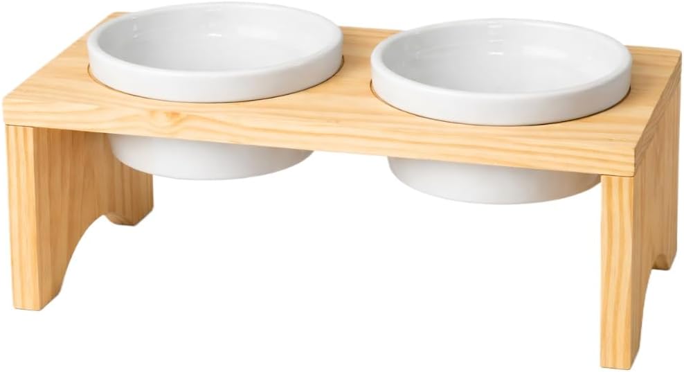 Comedouro Pet Elevado em Madeira Pinus com 2 Tigelas de Porcelana 210ml para Cachorro e Gato
