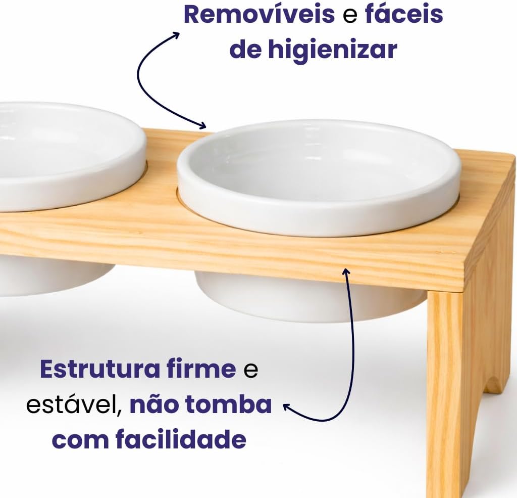Comedouro Pet Elevado em Madeira Pinus com 2 Tigelas de Porcelana 210ml para Cachorro e Gato - Imagem 6