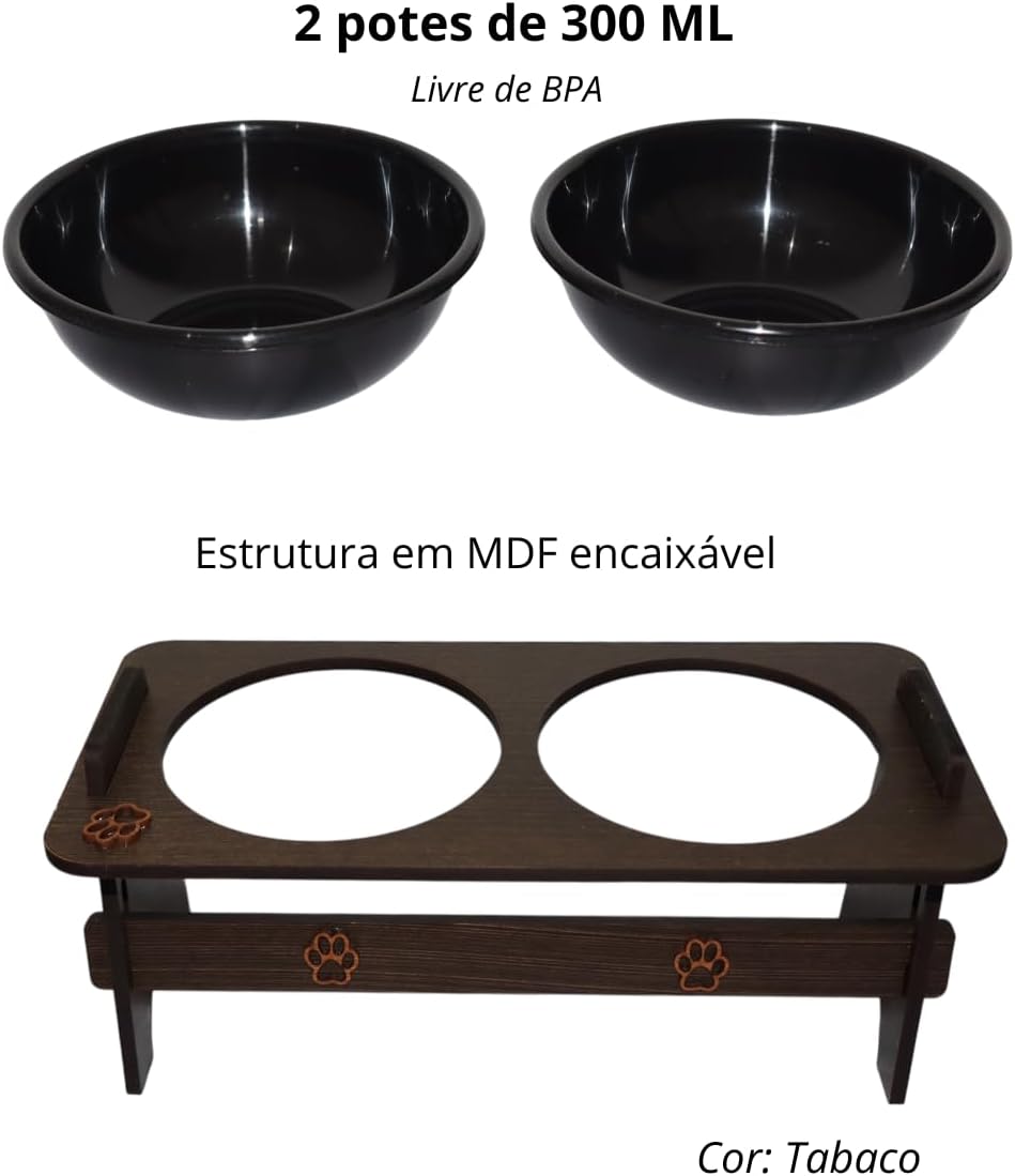 Comedouro Elevado Pet Duplo para Cães e Gatos Bebedouro Água e Pote para ração MDF Pequeno porte - Imagem 2
