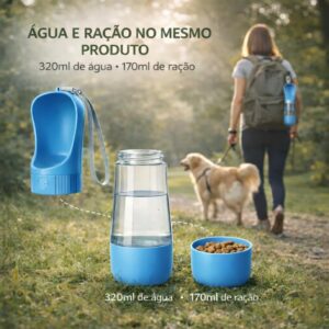 Garrafa de Água para Cachorro Portátil 2 em 1 com Reservatório de Ração | Bebedouro Pet Anti Vazamento para Passeio e Viagem (AZUL)