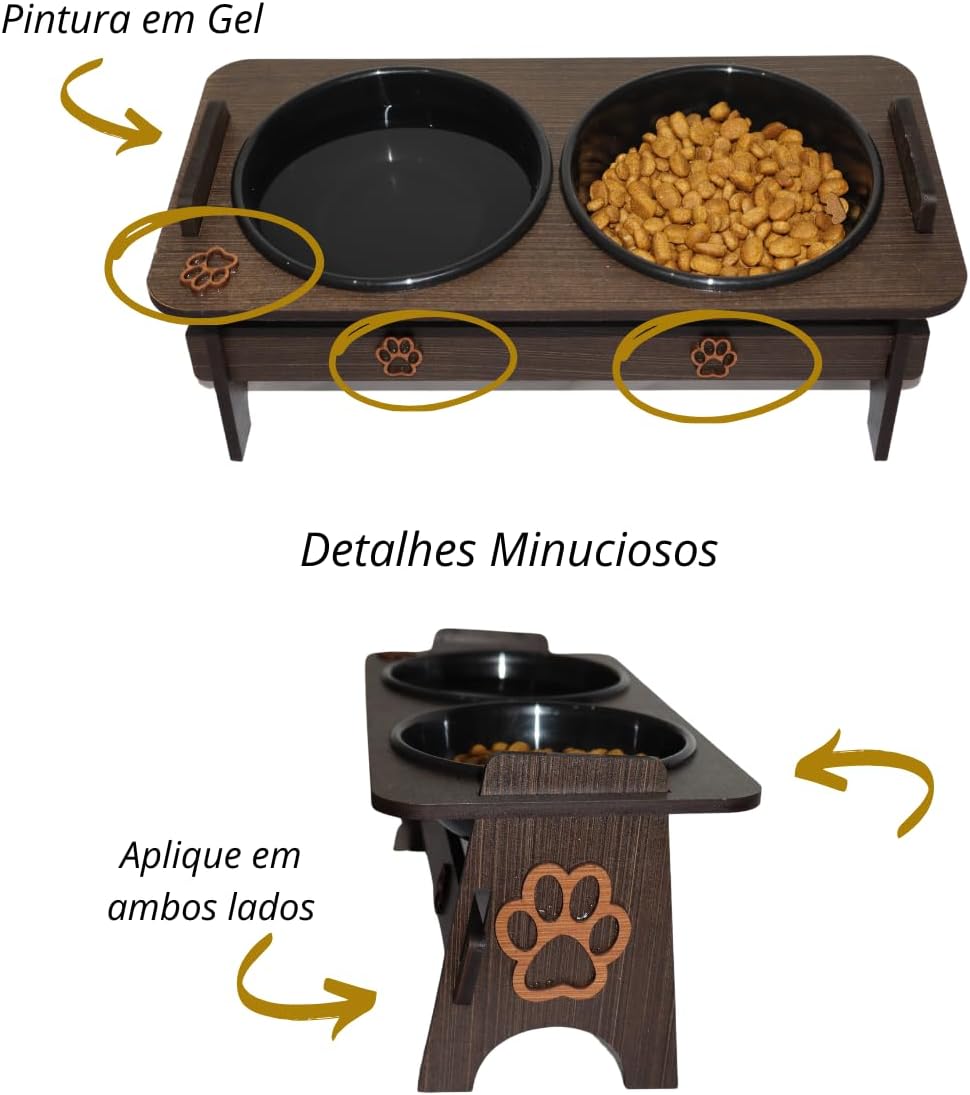 Comedouro Elevado Pet Duplo para Cães e Gatos Bebedouro Água e Pote para ração MDF Pequeno porte - Imagem 3