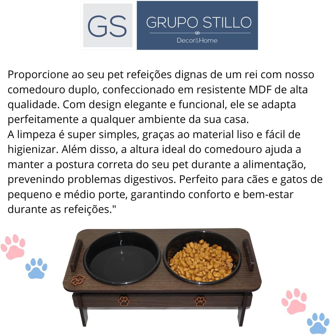 Comedouro Elevado Pet Duplo para Cães e Gatos Bebedouro Água e Pote para ração MDF Pequeno porte - Imagem 7