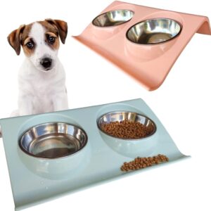 Comedouro elevado duplo para cães e gatos c/tigela inox tigela dupla (Azul)