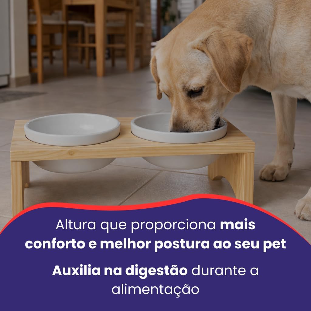 Comedouro Pet Elevado em Madeira Pinus com 2 Tigelas de Porcelana 210ml para Cachorro e Gato - Imagem 4
