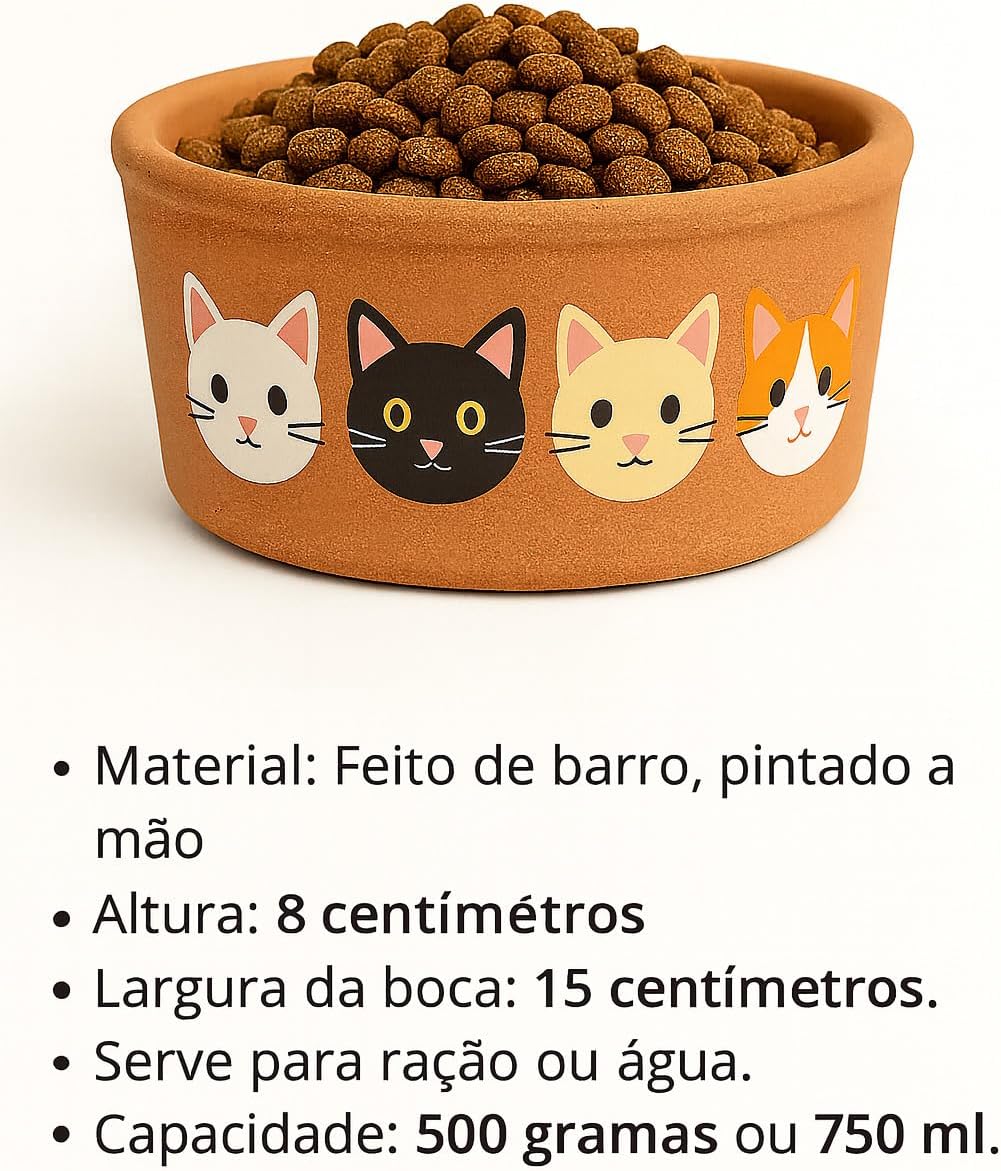 Kit Comedouro para Gatos em Barro Pintado à Mão – Artesanal, Decorativo e Prático, 750ml(1 Comedouro Ração ou Agua) - Imagem 3