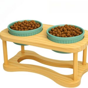 Comedouro Duplo Elevado em Porcelana para Cães e Gatos 320ml com Suporte em Madeira para Pets Pequenos e Médios(Verde)