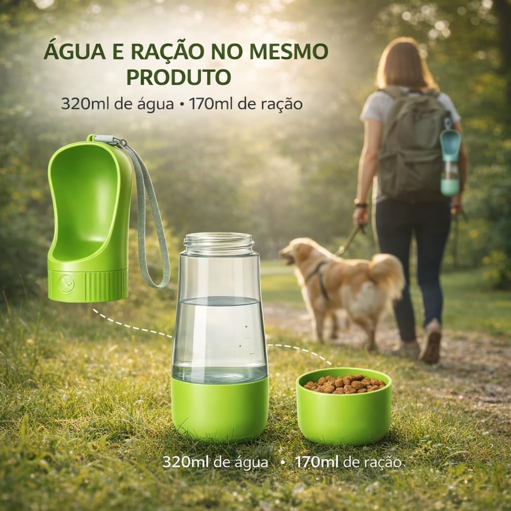 Garrafa de Água para Cachorro Portátil 2 em 1 com Reservatório de Ração | Bebedouro Pet Anti Vazamento para Passeio e Viagem (VERDE)