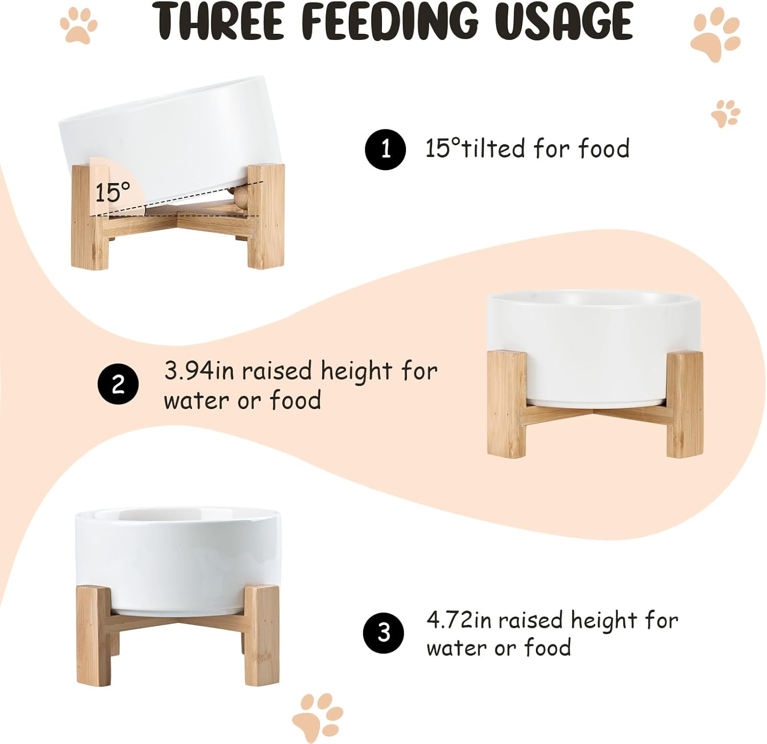 Tigela de cerâmica inclinada para cães e gatos de 15° com suporte de madeira, tigela de água e alimento de buldogue inclinado, não escorrega para animais de estimação de rosto grande branco 822 g - Imagem 3