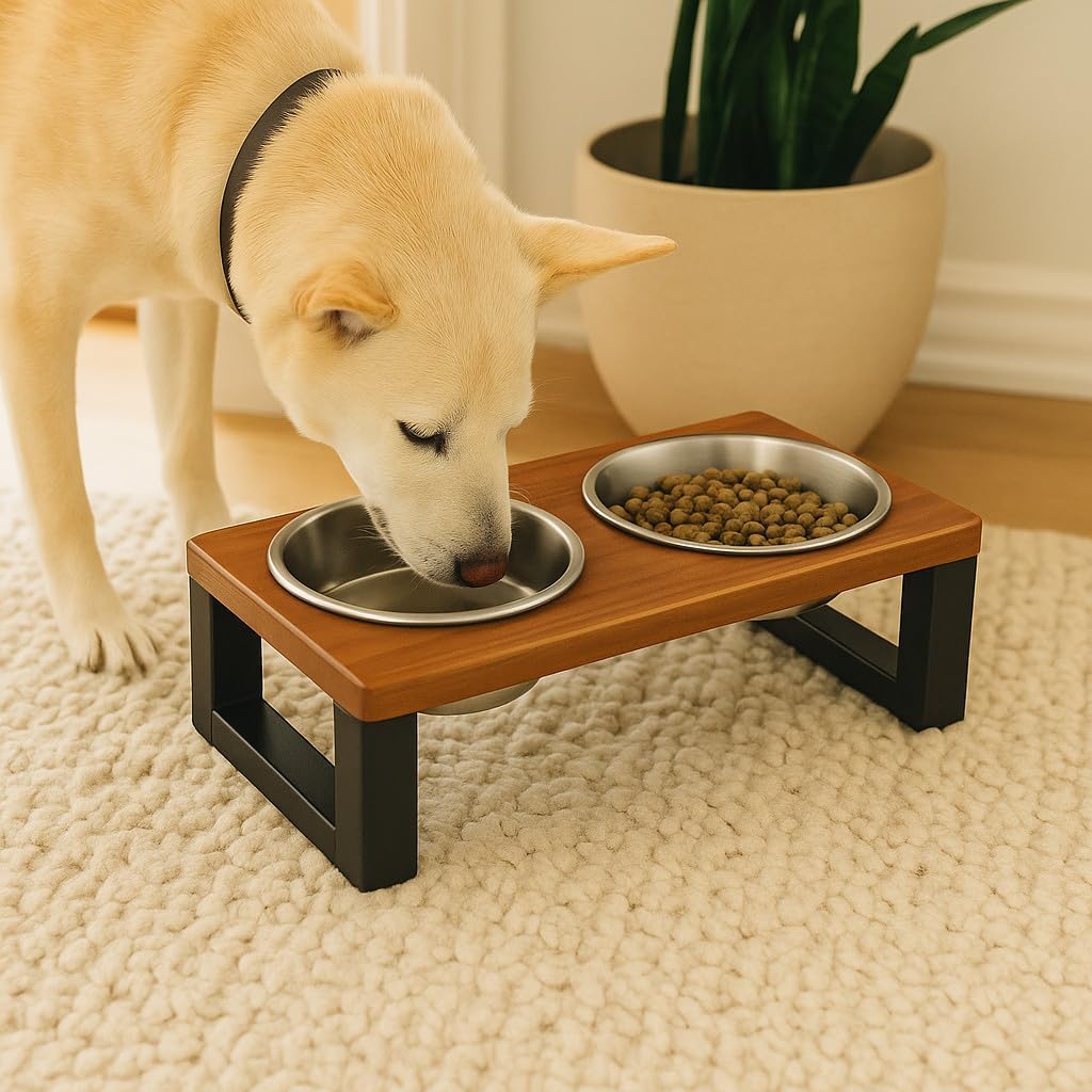 Comedouro Pet Elevado Duplo com Suporte de Madeira, para Cães e Gatos, Alimentador e Bebedouro(M) - Imagem 2