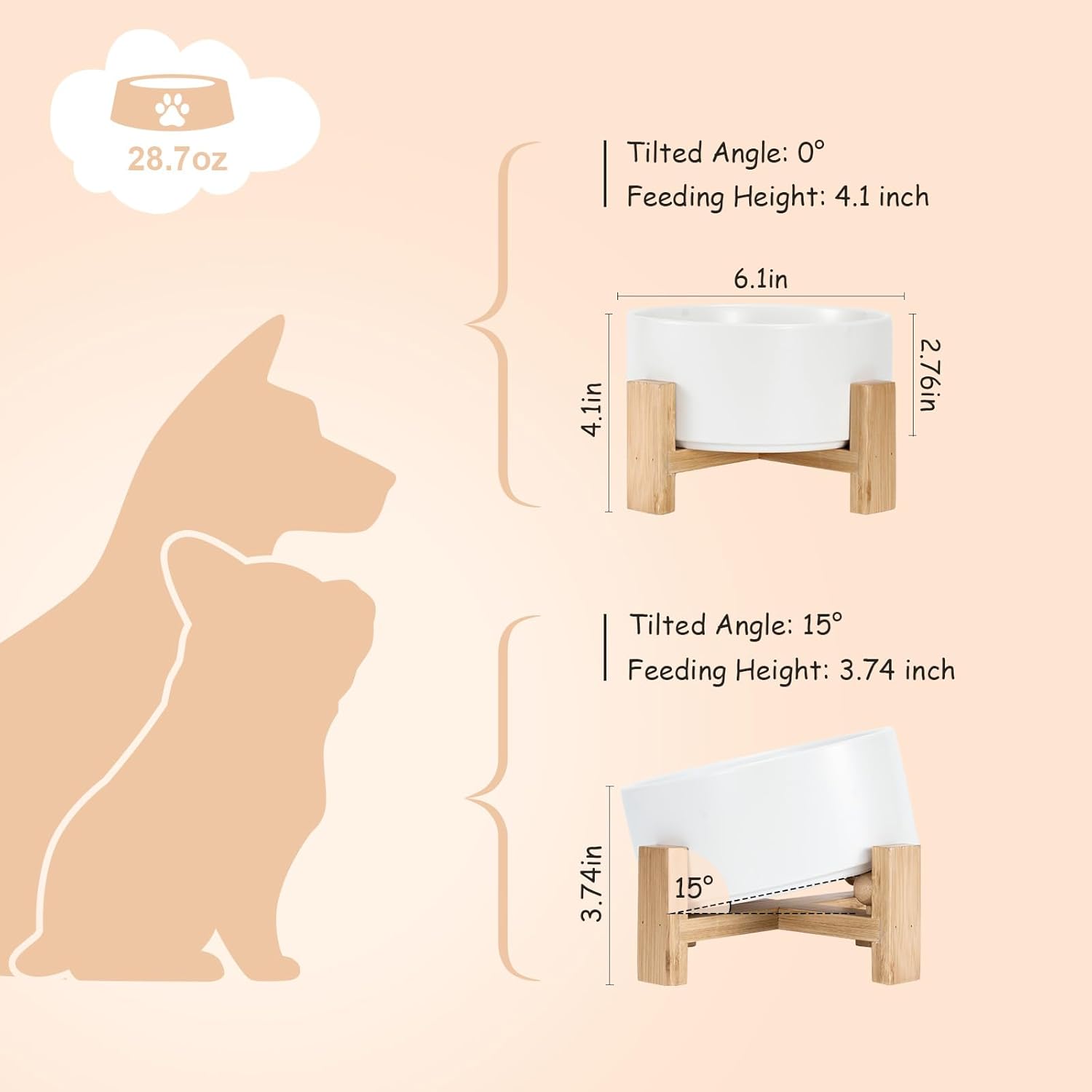 Tigela de cerâmica inclinada para cães e gatos de 15° com suporte de madeira, tigela de água e alimento de buldogue inclinado, não escorrega para animais de estimação de rosto grande branco 822 g - Imagem 4