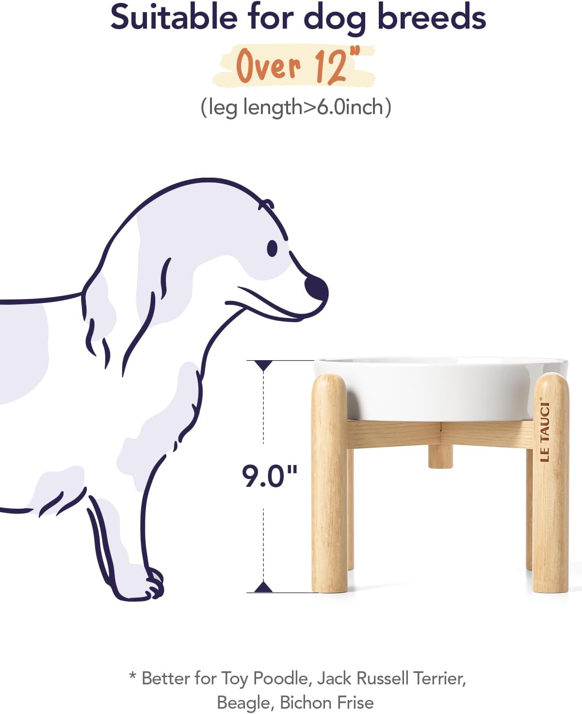 LE TAUCI Tigelas elevadas de cerâmica para cães com alimentação lenta, tigela elevada com 3 xícaras com suporte de madeira para raças médias e grandes, pratos para cães para comer devagar, tigela de - Imagem 4