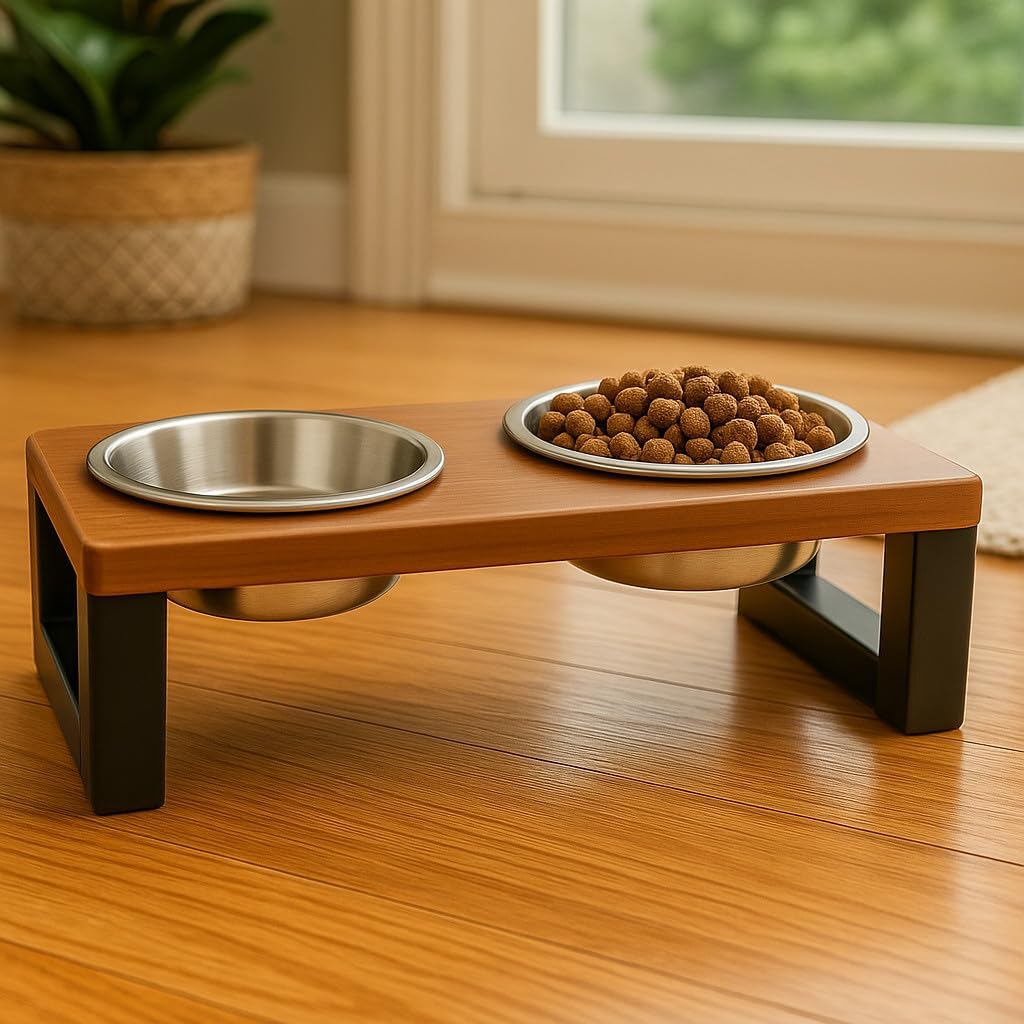 Comedouro Pet Elevado Duplo com Suporte de Madeira, para Cães e Gatos, Alimentador e Bebedouro(M) - Imagem 4