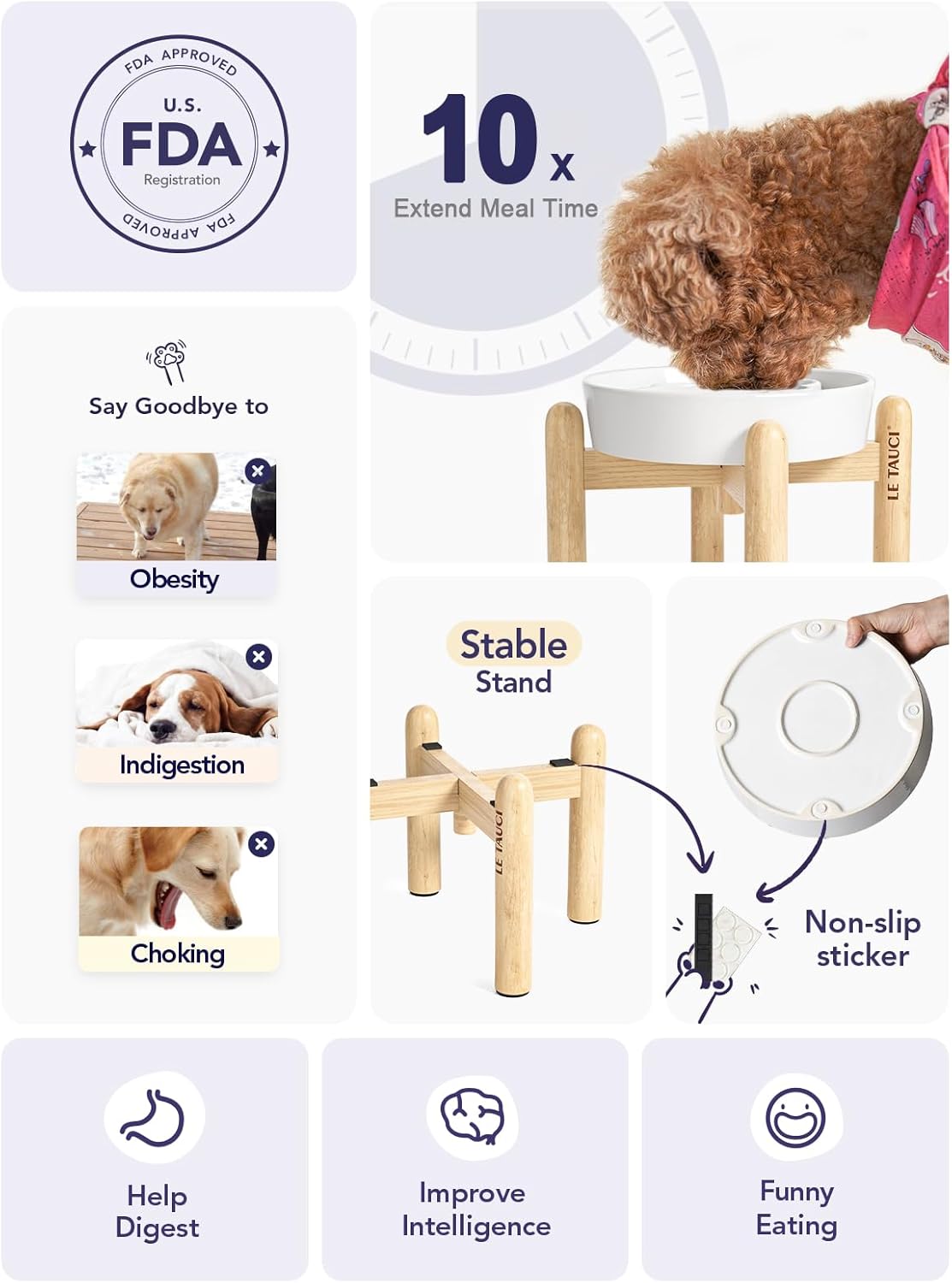 LE TAUCI Tigelas elevadas de cerâmica para cães com alimentação lenta, tigela elevada com 3 xícaras com suporte de madeira para raças médias e grandes, pratos para cães para comer devagar, tigela de - Imagem 3