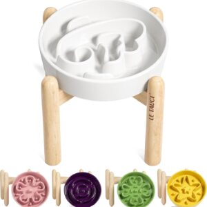 LE TAUCI Tigelas elevadas de cerâmica para cães com alimentação lenta, tigela elevada com 3 xícaras com suporte de madeira para raças médias e grandes, pratos para cães para comer devagar, tigela de