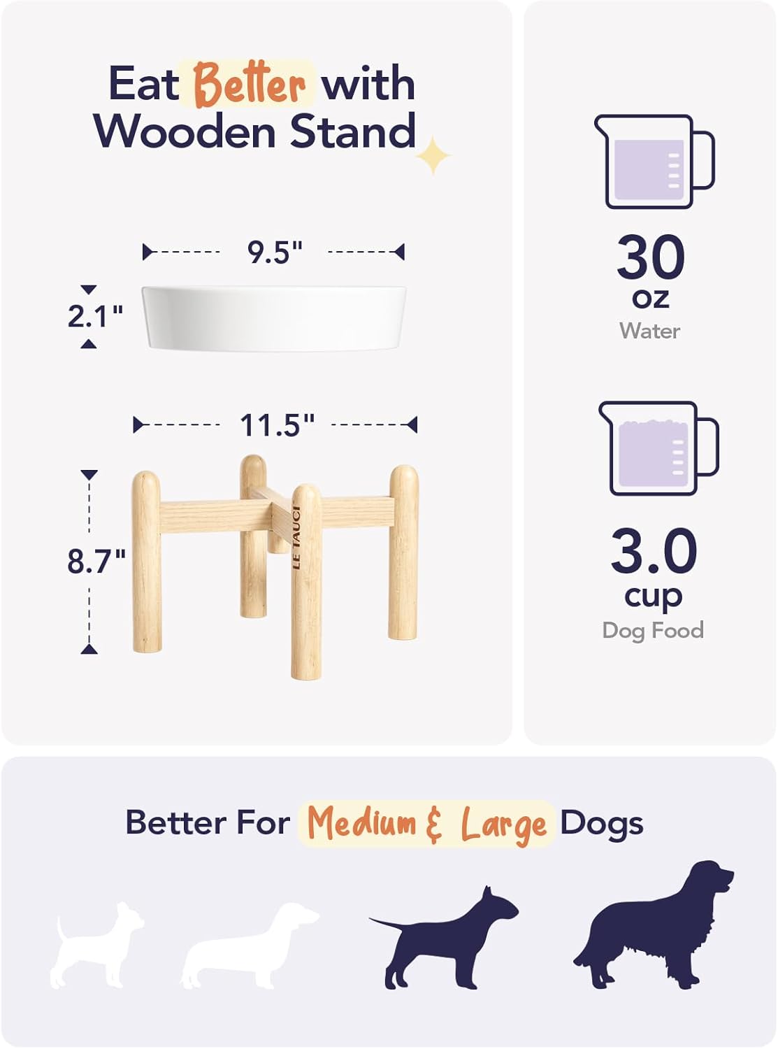 LE TAUCI Tigelas elevadas de cerâmica para cães com alimentação lenta, tigela elevada com 3 xícaras com suporte de madeira para raças médias e grandes, pratos para cães para comer devagar, tigela de - Imagem 2