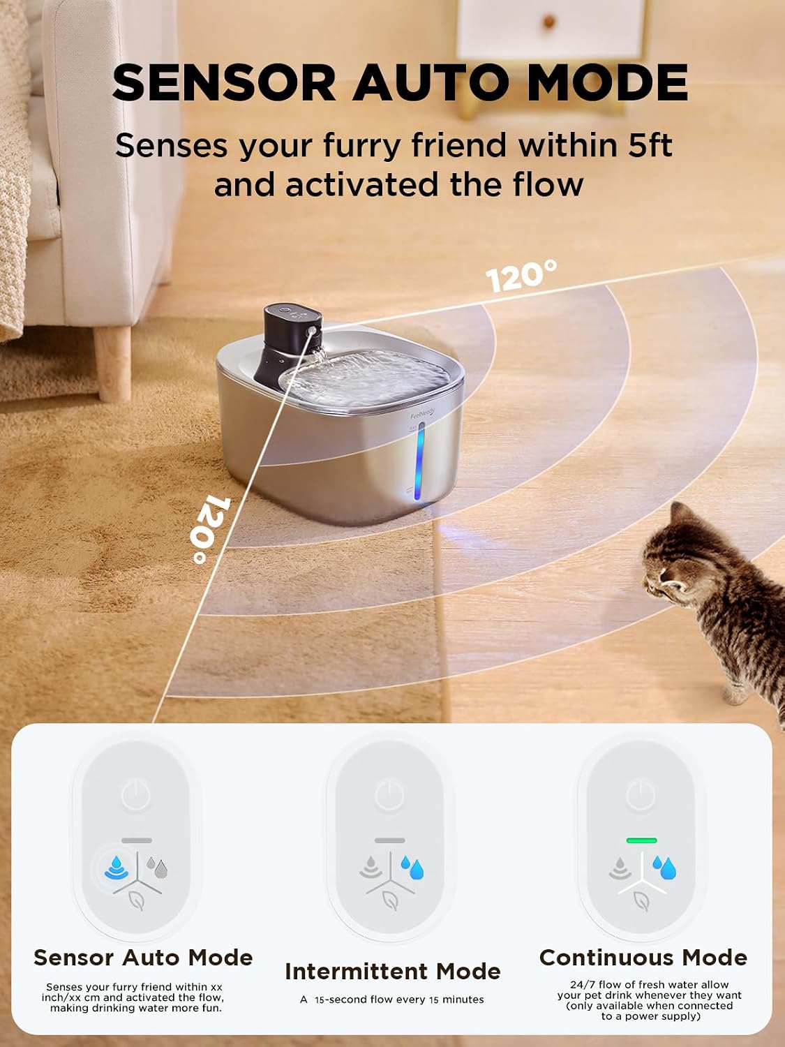 FEELNEEDY fonte de água para gatos sem fio, operada por bateria, fonte de água para animais de estimação de aço inoxidável de 4l/135fl oz para cães e gatos com sensor de movimento, bebedouro - Imagem 3