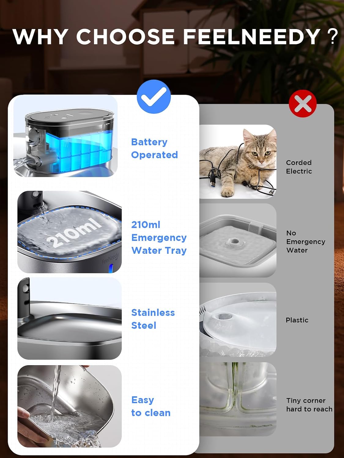 FEELNEEDY fonte de água para gatos sem fio, operada por bateria, fonte de água para animais de estimação de aço inoxidável de 4l/135fl oz para cães e gatos com sensor de movimento, bebedouro - Imagem 5