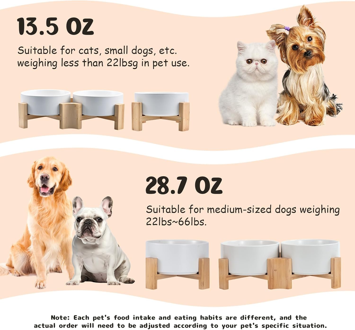 Tigela de cerâmica inclinada para cães e gatos de 15° com suporte de madeira, tigela de água e alimento de buldogue inclinado, não escorrega para animais de estimação de rosto grande branco 822 g - Imagem 5