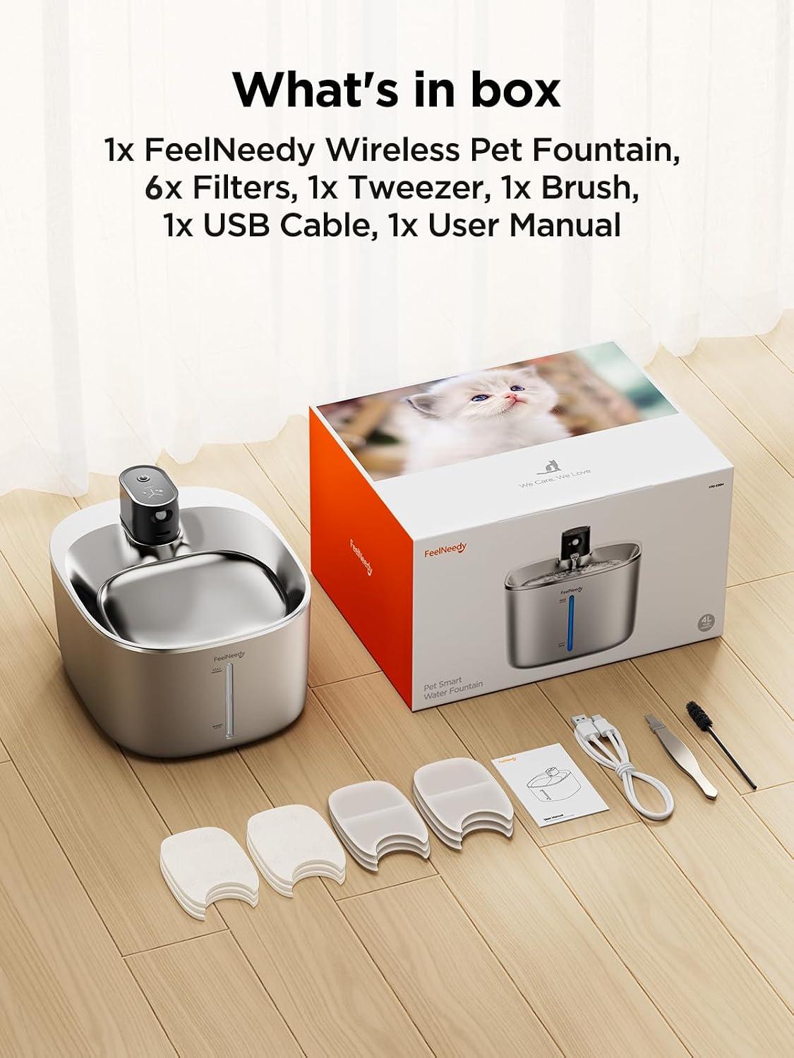 FEELNEEDY fonte de água para gatos sem fio, operada por bateria, fonte de água para animais de estimação de aço inoxidável de 4l/135fl oz para cães e gatos com sensor de movimento, bebedouro - Imagem 8