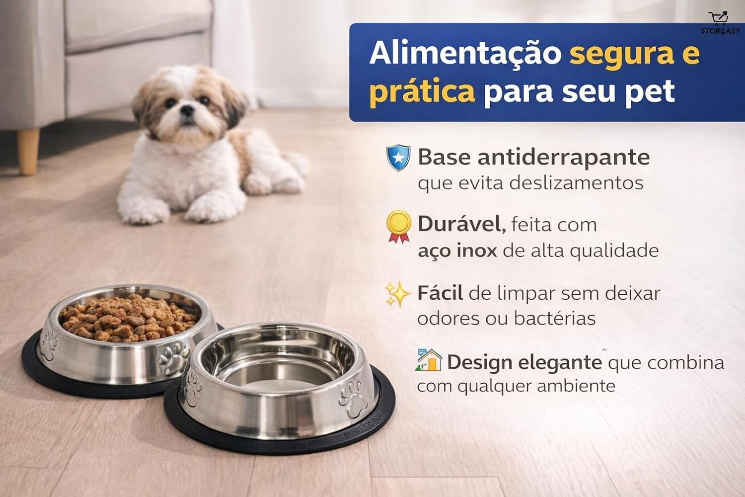 Kit 2 Potes Comedouro e Bebedouro Inox Antiderrapante para Pets – Base com Relevo Estável – Perfeito para Cães e Gatos Pequenos | Storeasy - Imagem 3