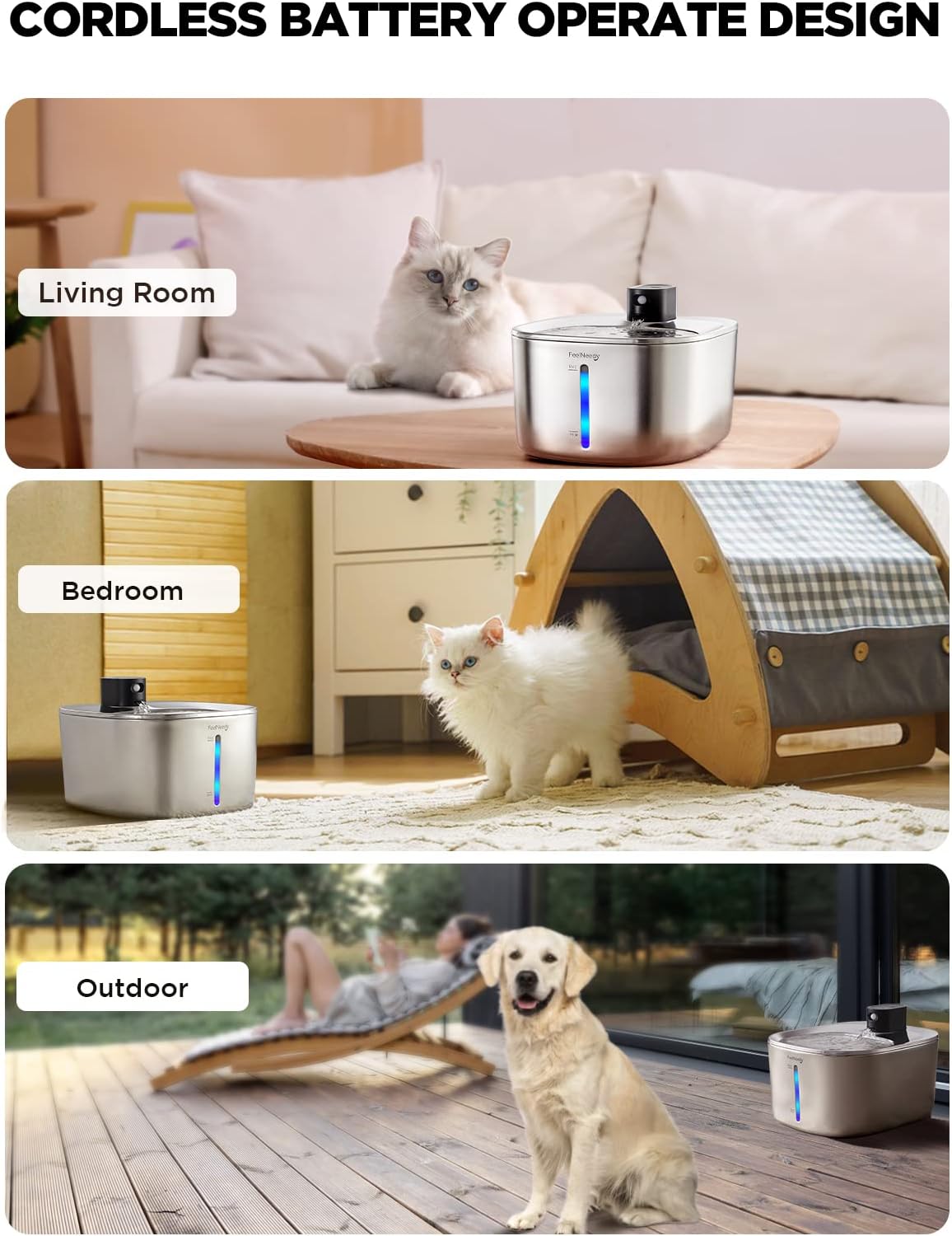 FEELNEEDY fonte de água para gatos sem fio, operada por bateria, fonte de água para animais de estimação de aço inoxidável de 4l/135fl oz para cães e gatos com sensor de movimento, bebedouro - Imagem 2