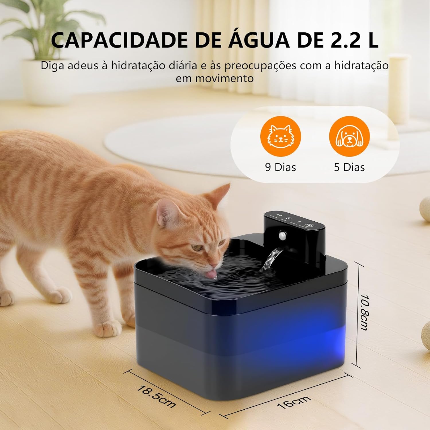 Bebedouro para Gatos Sem Fio,2.2L Fonte de Agua para Gatos Cães Pet Sensor Silenciosa Automático - Imagem 2