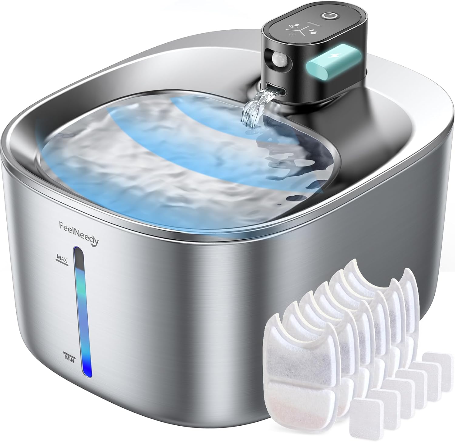 FEELNEEDY fonte de água para gatos sem fio, operada por bateria, fonte de água para animais de estimação de aço inoxidável de 4l/135fl oz para cães e gatos com sensor de movimento, bebedouro