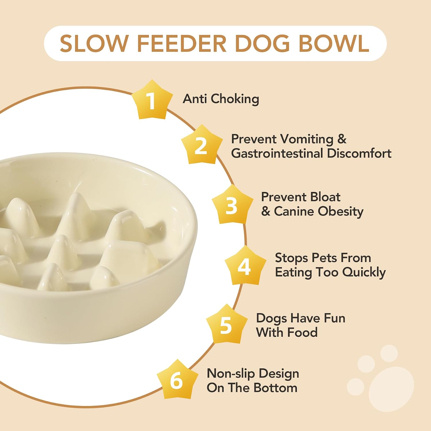 Havniva Tigela de Cerâmica para Cães, Alimentador Lento de 0,9 Xícara (15,5 Cm), 6,1" (15,5 Cm), Ideal para Cães e Gatos de Pequeno Porte, Previne Inchaço e Engasgamento (Tigela Única, Amarelo Claro) - Imagem 5