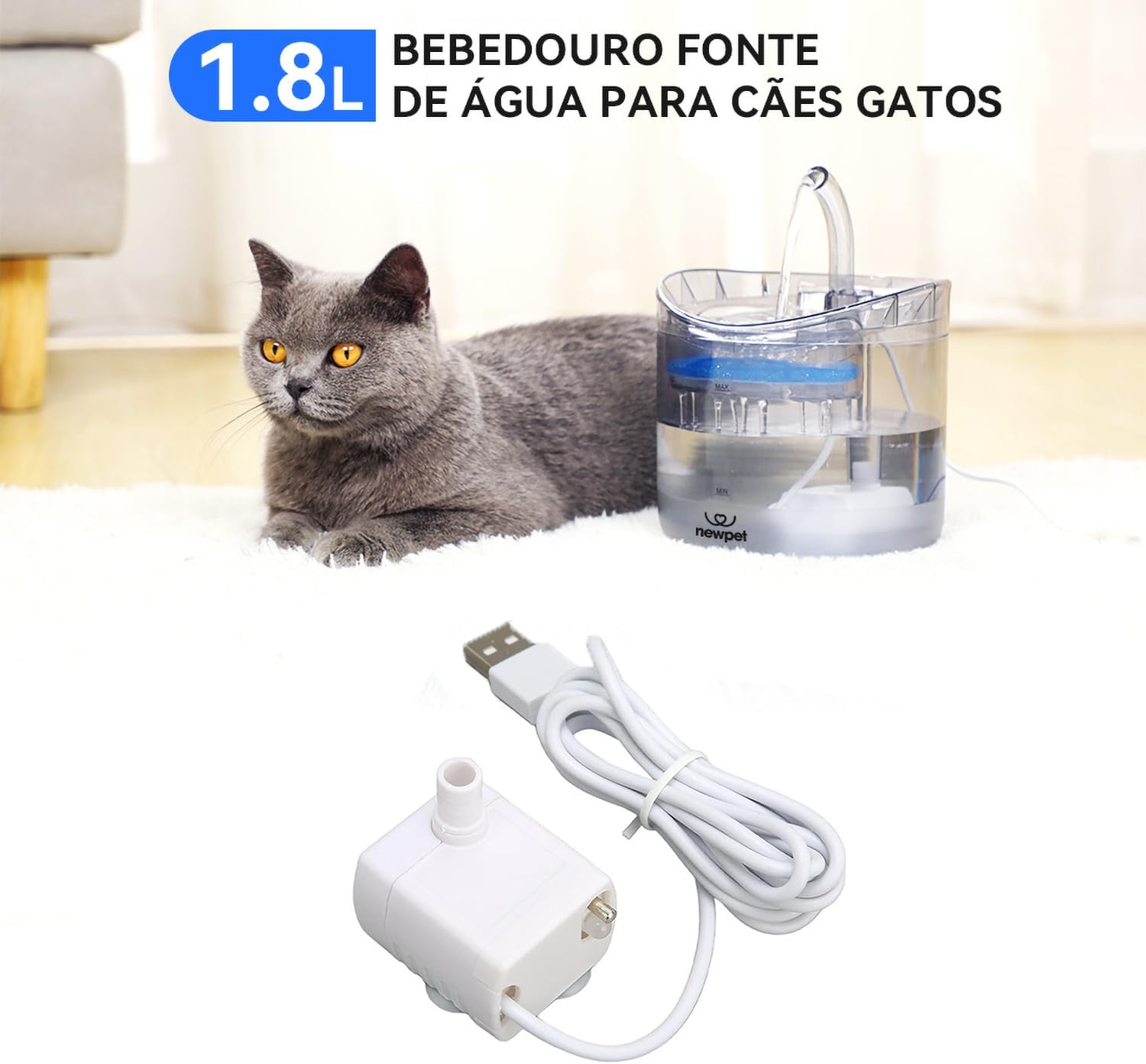 Bomba para bebedouro de gatos, bomba de reposição para bebedouros de animais de estimação 1.8L Bebedouro Gato Tipo Fonte - Imagem 3
