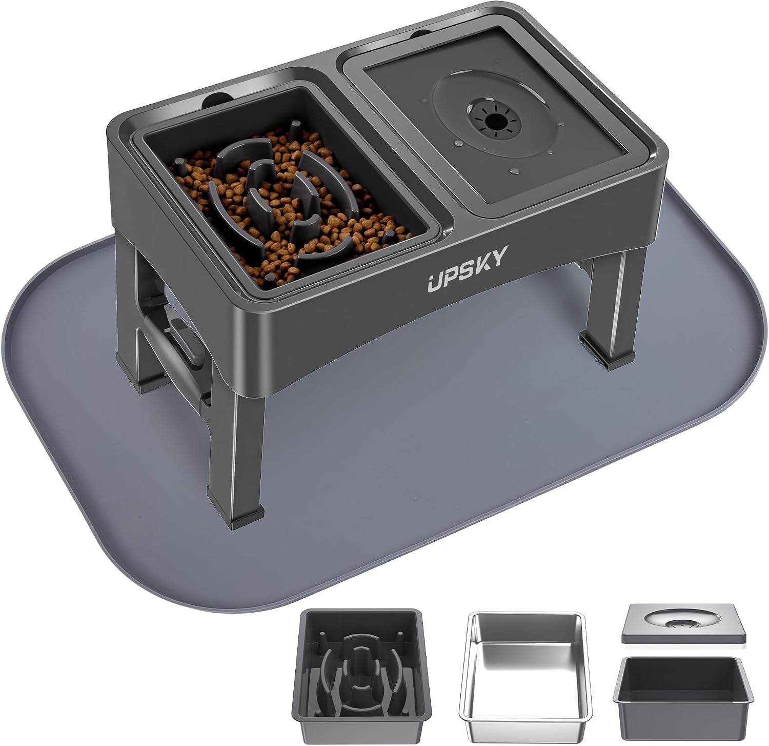 UPSKY Tigelas elevadas 3 em 1 para cães com tapete, grande 61 x 40 cm, suporte ajustável de 4 alturas com alimentador lento, tigela de aço inoxidável para cães pequenos a médios, cinza