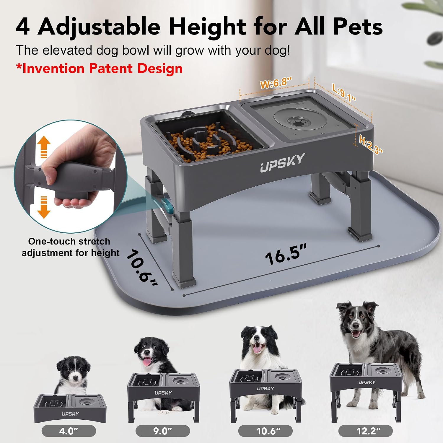 UPSKY Tigelas elevadas 3 em 1 para cães com tapete, grande 61 x 40 cm, suporte ajustável de 4 alturas com alimentador lento, tigela de aço inoxidável para cães pequenos a médios, cinza - Imagem 3