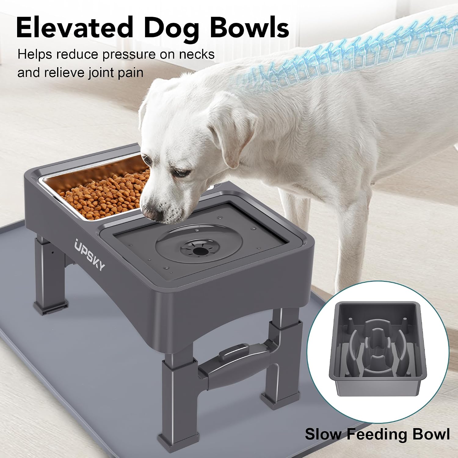 UPSKY Tigelas elevadas 3 em 1 para cães com tapete, grande 61 x 40 cm, suporte ajustável de 4 alturas com alimentador lento, tigela de aço inoxidável para cães pequenos a médios, cinza - Imagem 6