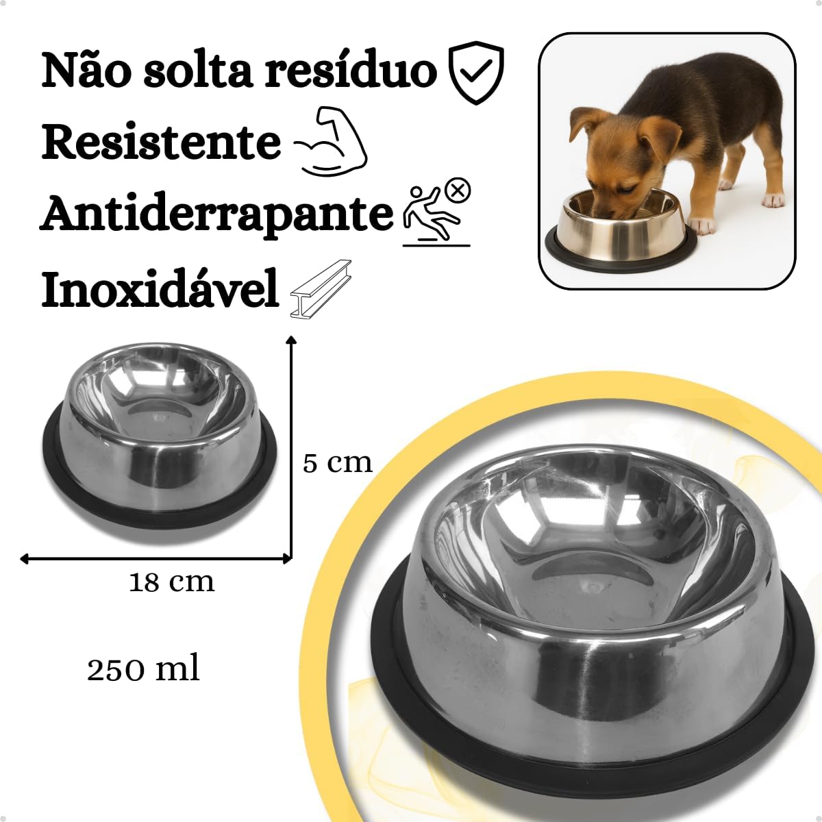 KIT 2 Comedouro de Inox 250ml para Cães e Gatos Mini Filhotes Pote Ração Água Bebedouro Antiderrapante - Imagem 4
