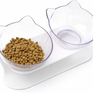 Comedouro Duplo Inclinado para Gatos com Orelhinhas – Tigelas Removíveis Transparente | Alimentador e Bebedouro Ergonômico para Gatos