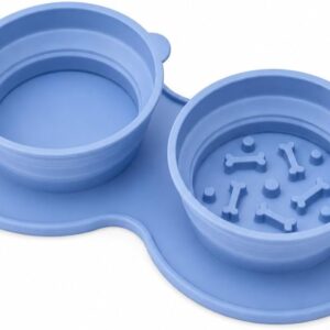 Comedouro Silicone Dobrável Duplo Portátil para Pets Azul