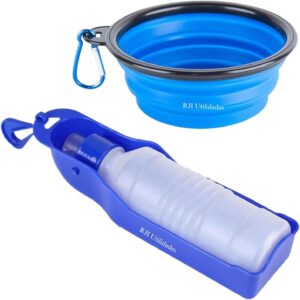 Kit Bebedouro Garrafa Agua Viagem Passeio PET + Tigela Comedouro Retratil Silicone para Ração, Comida e Solidos Disco de Lançar - RJI Utilidades (Azul Royal)