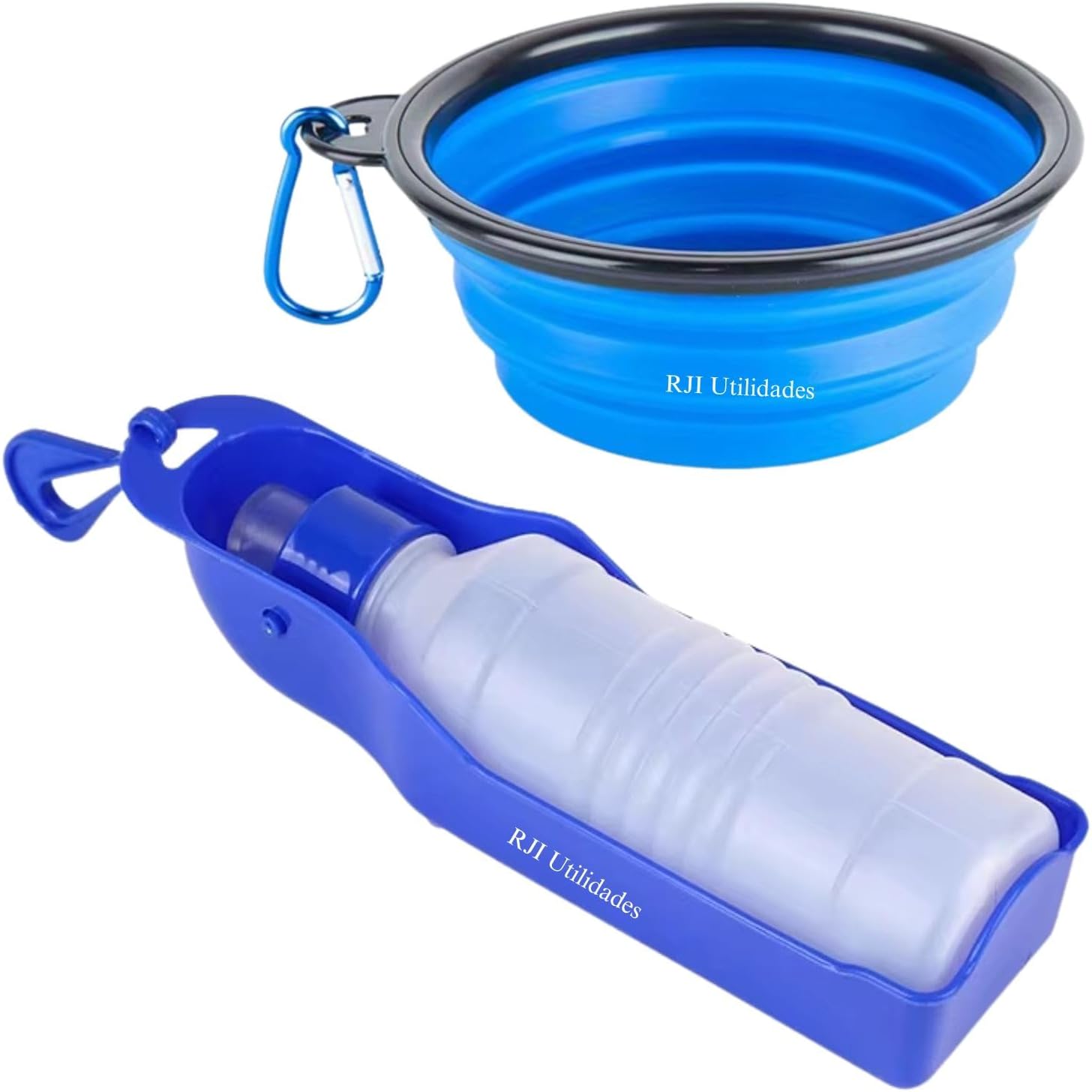 Kit Bebedouro Garrafa Agua Viagem Passeio PET + Tigela Comedouro Retratil Silicone para Ração, Comida e Solidos Disco de Lançar - RJI Utilidades (Azul Royal)
