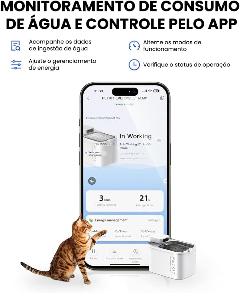 PET~KIT Comedouro para Gatos, Bebedouro sem Fio,Dispensador Automático de água para Gatos 3L, Operado a Pilhas, Controle do Aplicativo - Imagem 2