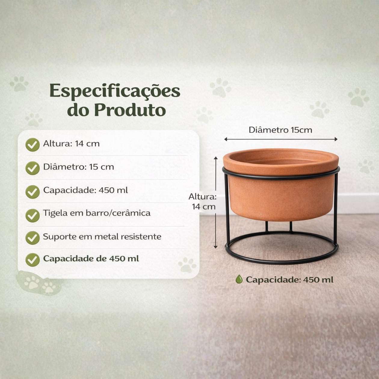 Comedouro Bebedouro Elevado Barro com Suporte Em Ferro Gatos e Cachorro Potes Para Ração e Água Pet 450 ML Atura 14 cm. - Imagem 4