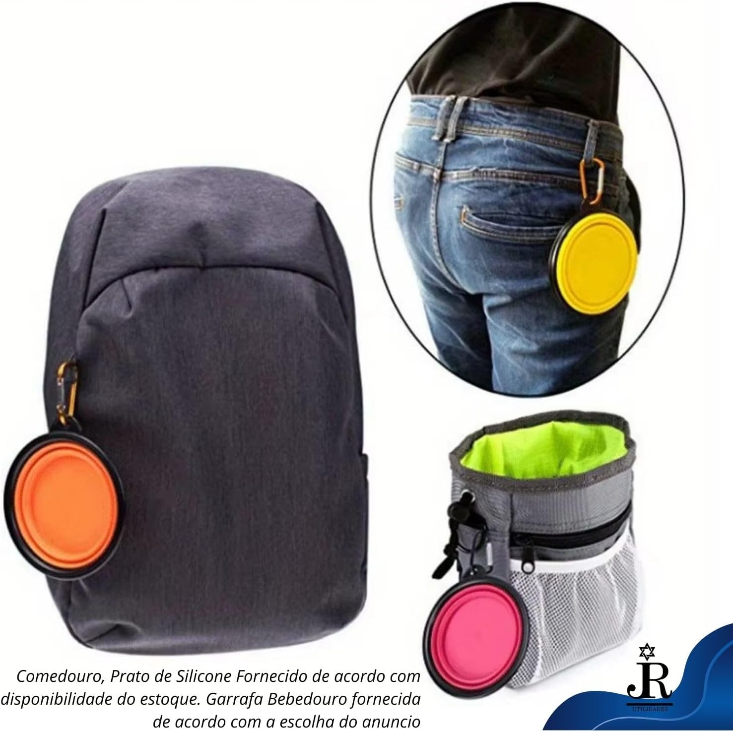 Kit Bebedouro Garrafa Agua Viagem Passeio PET + Tigela Comedouro Retratil Silicone para Ração, Comida e Solidos Disco de Lançar - RJI Utilidades (Azul Royal) - Imagem 4