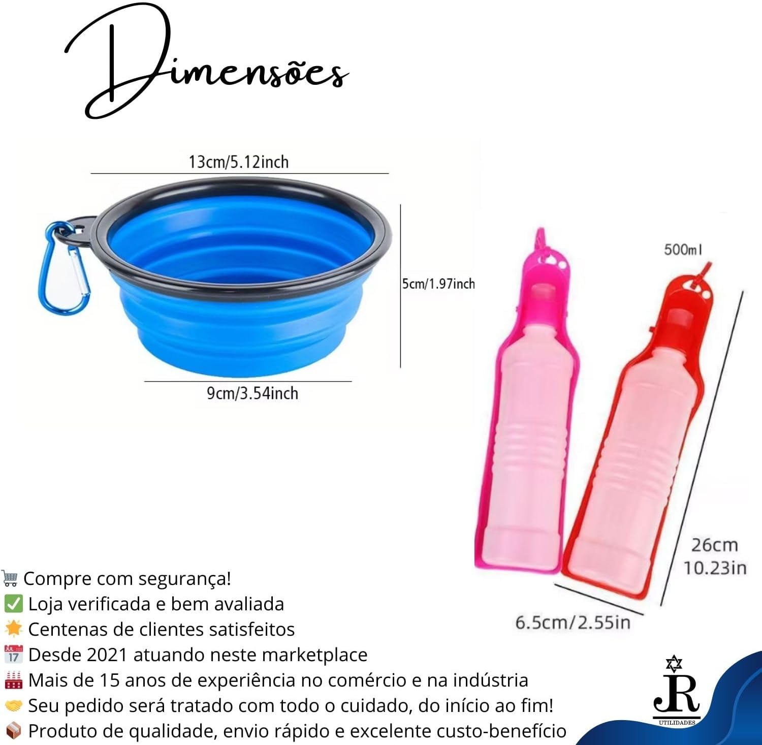Kit Bebedouro Garrafa Agua Viagem Passeio PET + Tigela Comedouro Retratil Silicone para Ração, Comida e Solidos Disco de Lançar - RJI Utilidades (Azul Royal) - Imagem 6