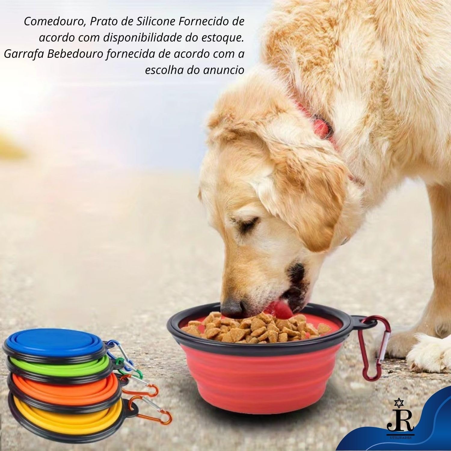 Kit Bebedouro Garrafa Agua Viagem Passeio PET + Tigela Comedouro Retratil Silicone para Ração, Comida e Solidos Disco de Lançar - RJI Utilidades (Azul Royal) - Imagem 3