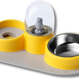 Comedouro Bebedouro Elevado Premium para Cão Cachorro Gato Pet, acompanha Tigela Inox, Bandeja Silicone e Suporte para Pelos Longos (Amarelo)