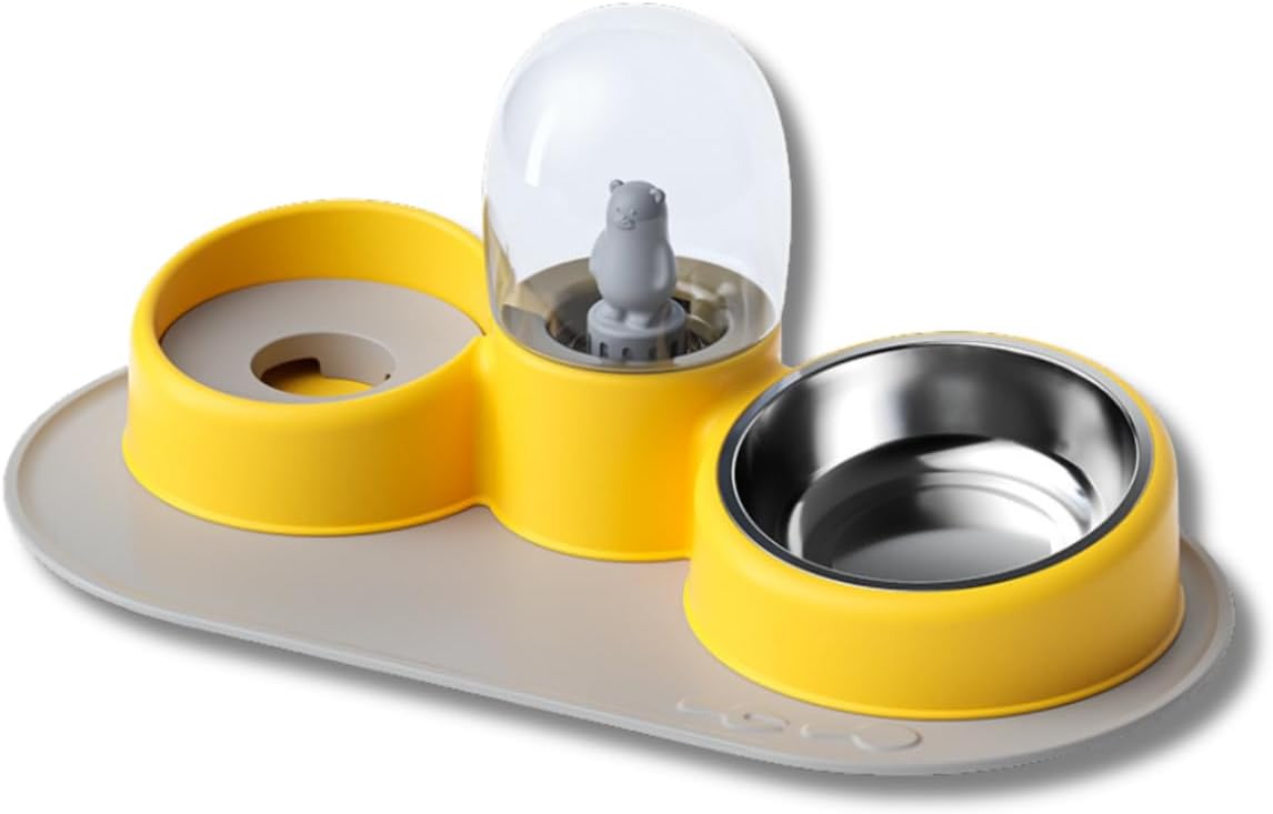 Comedouro Bebedouro Elevado Premium para Cão Cachorro Gato Pet, acompanha Tigela Inox, Bandeja Silicone e Suporte para Pelos Longos (Amarelo)