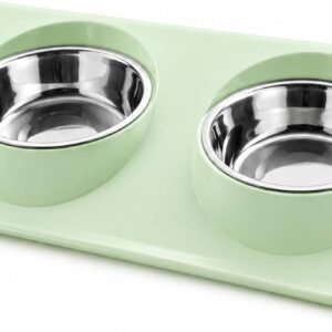 Comedouro Duplo para Gatos e Cães Pequenos, Design Inclinado Anti-respingo, 2 Tigelas de Inox 200ml Removíveis, 37,5 x 25 cm (VerdeClaro)